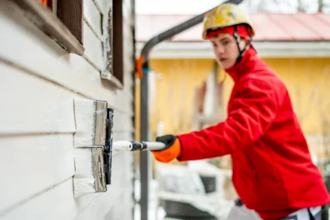 ||Mies maalaa hirsiseinää punainen paita yllään